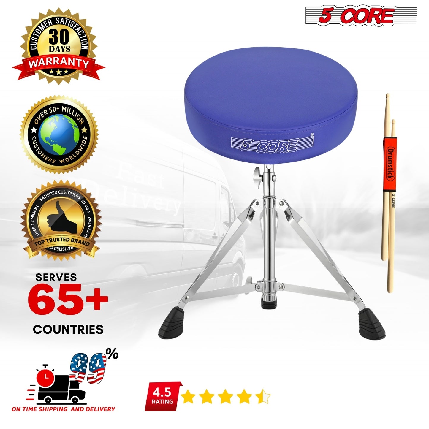 5 Core Drum Throne Comfortable Padded Stool Height Adjustable Music DJ Chair Heavy Duty Seat for Drummer Kids and Adults - DS CH BLU