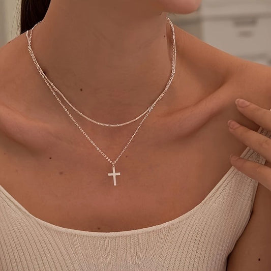 Women's Cross Necklace - 14K Silver Plated Cross Necklace Simple Cute Multi-layered Pendant Necklace Women's Fashion Jewelry
