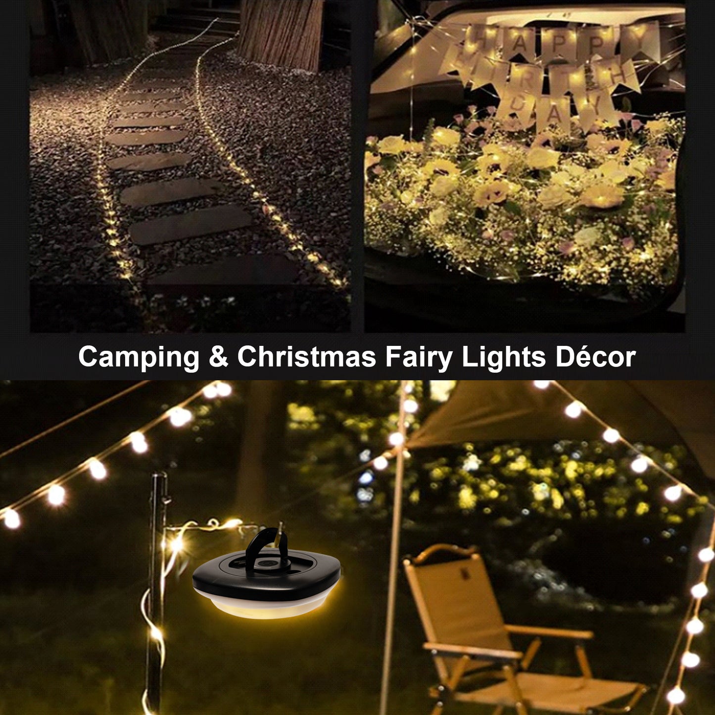 Wanjo Outdoor String Camping Lights , 5 Modes Dual Mode Adventure Tent Lantern (35Ft), Quick 30s Recovery,Portable Versatile Camping Lamp with Carry Bag for Camping,Christmas Fairy Lights Décor