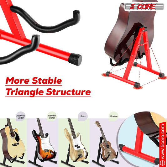 5 CORE Double Guitar Stand Floor Adjustable Heavy Duty A Frame Universal Folding Acoustic Electric Bass Mandolin Banjo Violin Holder Stands For On Stage Studio - GSS RED