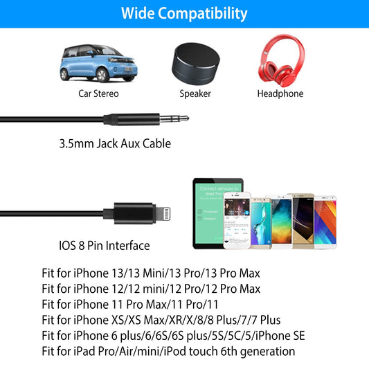 IOS 8 Pin to 3.5mm Aux Car Audio Adapter Cord 3.5mm Headphone Jack Adapter Fit For iPhone 13/12/11/XR/XS/X/8/7/6 Plus/SE/iPad Pro/Air/mini/iPod Touch 6th