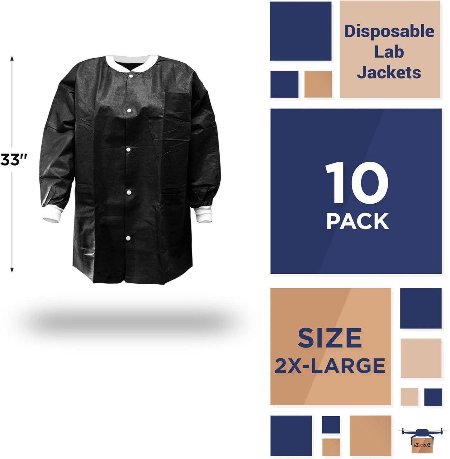 Disposable Lab Jackets XX-Large, Pack of 10 Black PPE Jacket 33'' Long, 50 GSM SMS Lab Jacket for Men and Women, Disposable Jackets Dental for Surgeons, Nurses