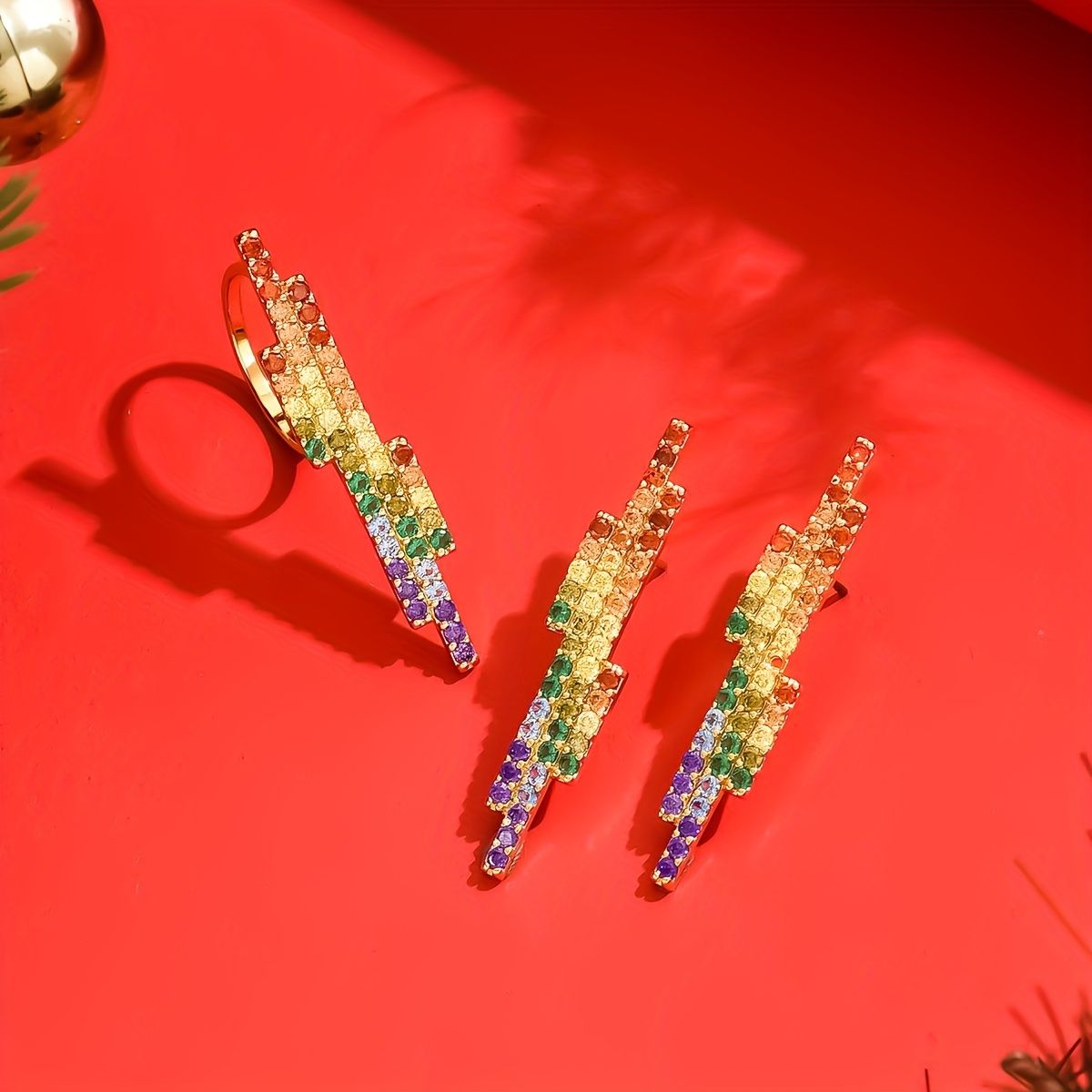 "Sparkling Rainbow Lightning Bolt Earrings - Make a Statement with Every Step Rainbow Lightning Bolt Earrings - Sparkle and Shine with Every Step"