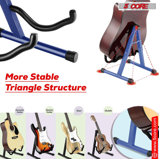 5 CORE Double Guitar Stand Floor Adjustable Heavy Duty A Frame Universal Folding Acoustic Electric Bass Mandolin Banjo Violin Holder Stands For On Stage Studio - GSS BLU