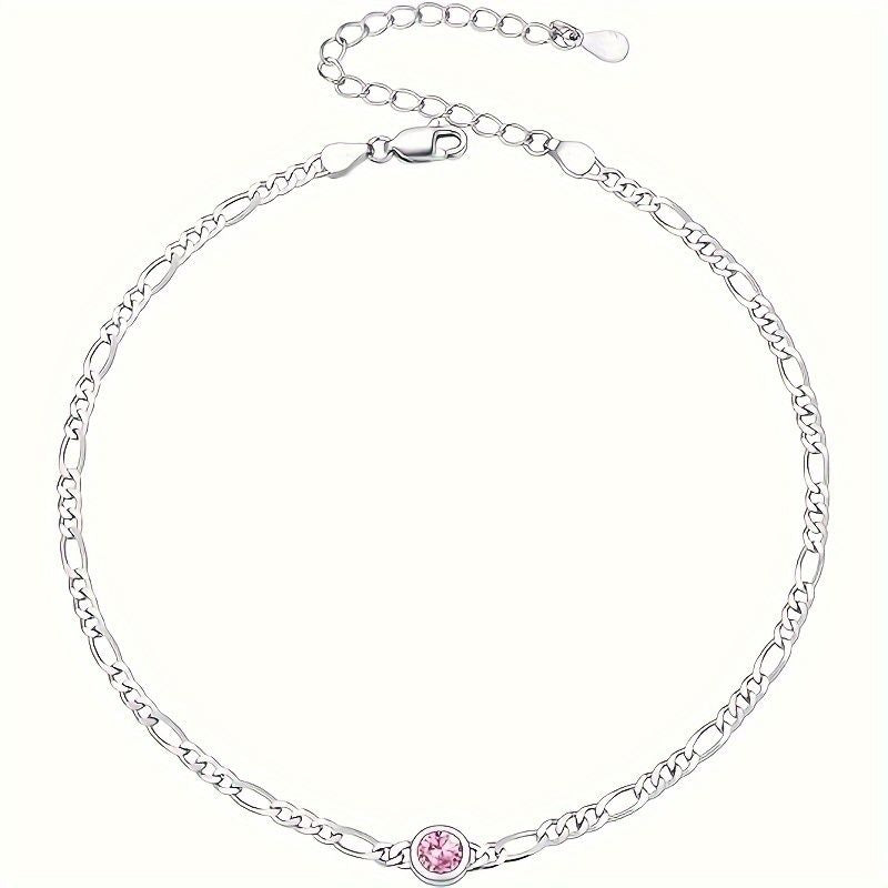 Women's Anklet, Sterling Silver Diamond Cut 3mm Link Anklet with Heart/Round Birthstone, Length 8.5" - 10.5"