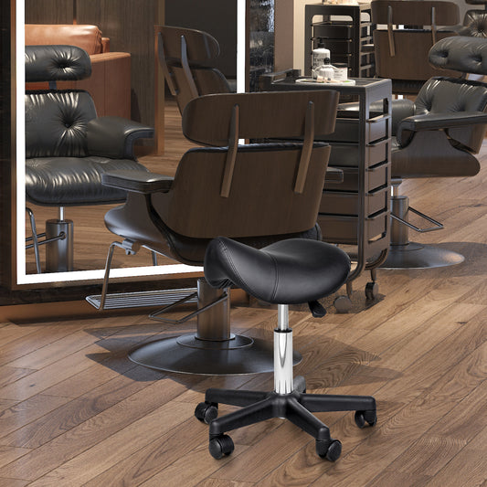 Rolling Saddle Stool, Swivel Salon Chair, Ergonomic Faux Leather Stool, Adjustable Height with Wheels for Spa, Salon, Massage, Office, Black