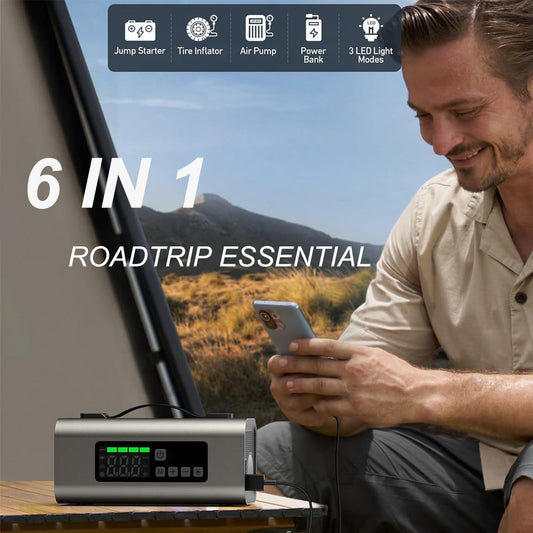 Jump Starter with Air Compressor and Air Pump, 2500A Battery Jump Starter with 150PSI Tire Inflator, Up to 7.5L Gas & 5.0L Diesel Engine, 2" LED Screen for Car Tires, Air Mattress, Inflatables