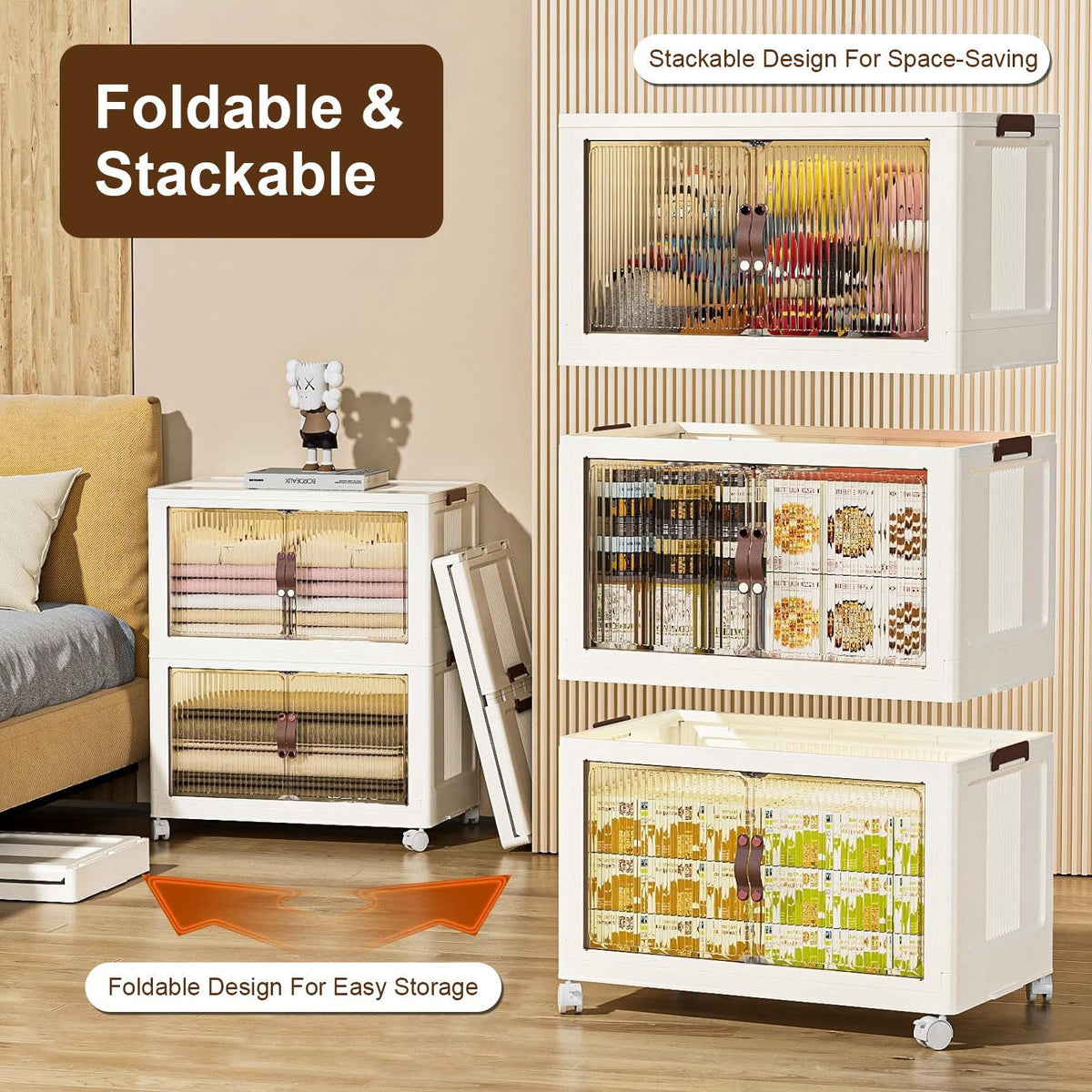 3Pcs Foldable Storage Bins with Lid Front Magnetic Door Collapsible Stackable Closet Organizer Containers with 4Pcs 360° Rotatable Wheels 8Pcs Small Wheels
