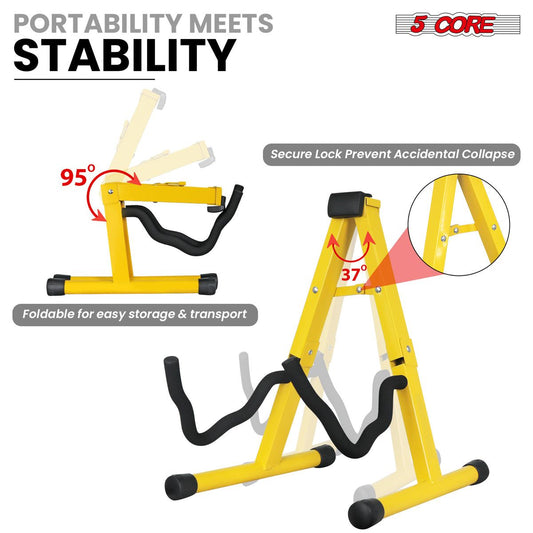 5 CORE Double Guitar Stand Floor 2Pcs Adjustable Heavy Duty A Frame Universal Folding Acoustic Electric Bass Mandolin Banjo Violin Holder Stands For On Stage Studio - GSS YLW 2PCS