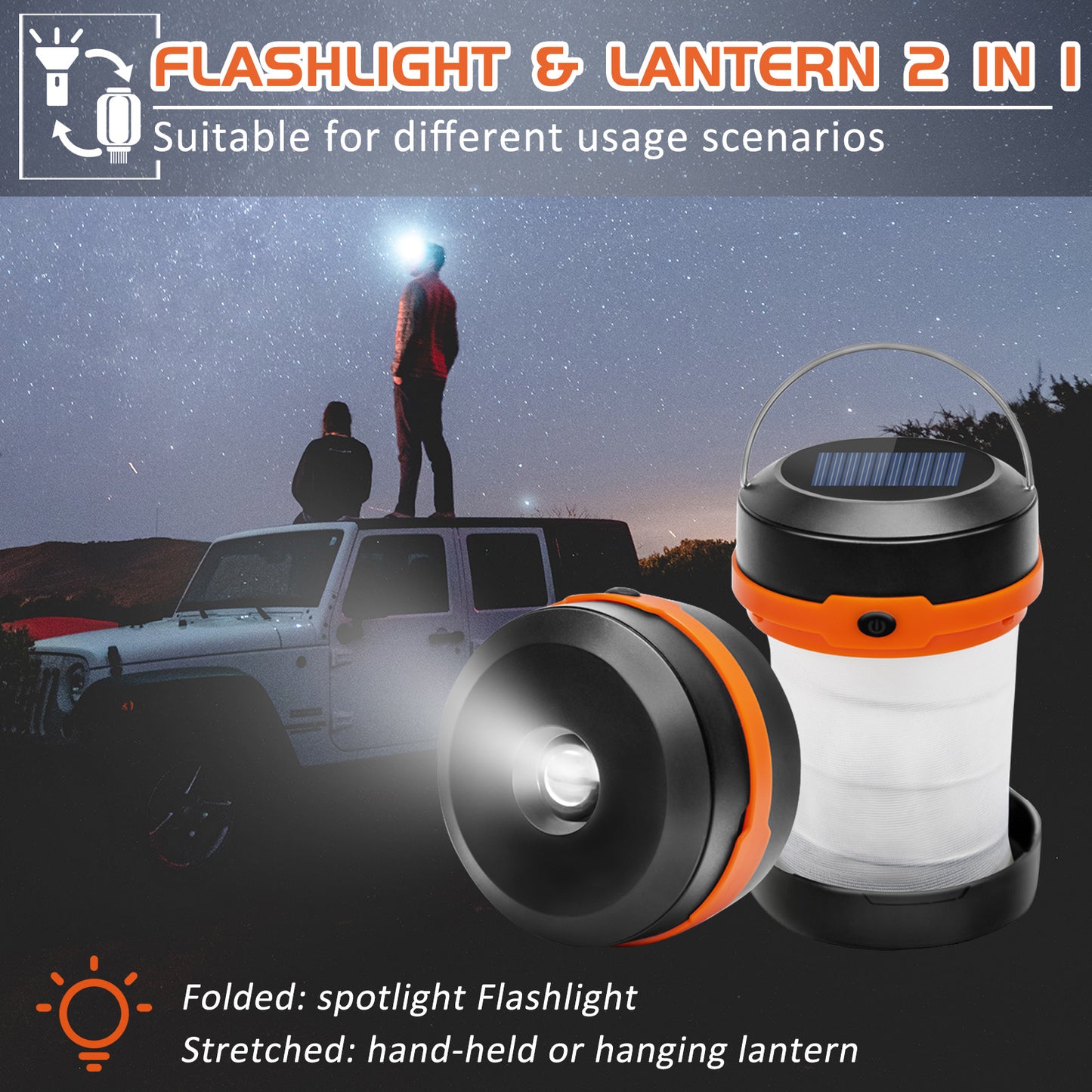 Wanjo Collapsible LED Solar Camping Lights with Free Multifunctional Whistle, Rechargeable Camping Latern, Portable Outdoor Gear for Camping Travel Fishing