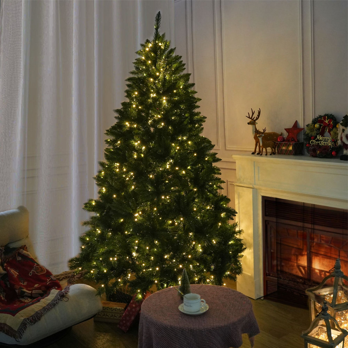 7FT Classic Style Christmas Tree with 550 Warm White LED Lights, Stable Iron Base
