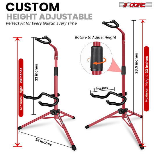 5 CORE Guitar Stand Floor Adjustable Heavy Duty Tripod Acoustic Electric Bass Cello Upright Folding Stands w Neck Holder For On Stage Studio - GSH HD RED