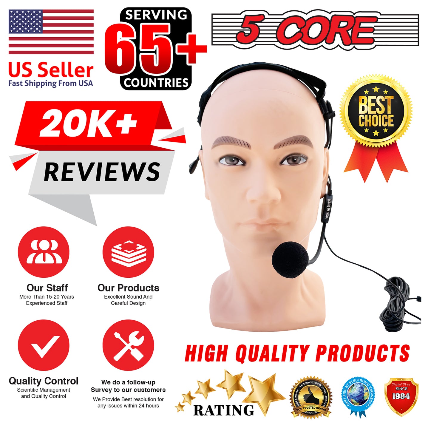 5 Core Wired Microphone Headset • w ¼ Inch Connector • Headworn Hanging Unidirectional Condenser Mic • Flexible Boom for Voice Amplifier • for Speaking Teachers Presentations- MIC HM 01