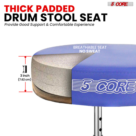 5 Core Drum Throne Comfortable Padded Stool Height Adjustable Music DJ Chair Heavy Duty Seat for Drummer Kids and Adults - DS CH BLU