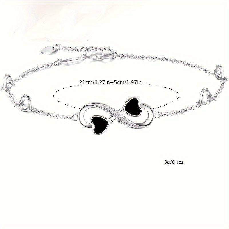 Infinite Love Heart Anklet - Sterling Silver with Black Enamel Hearts