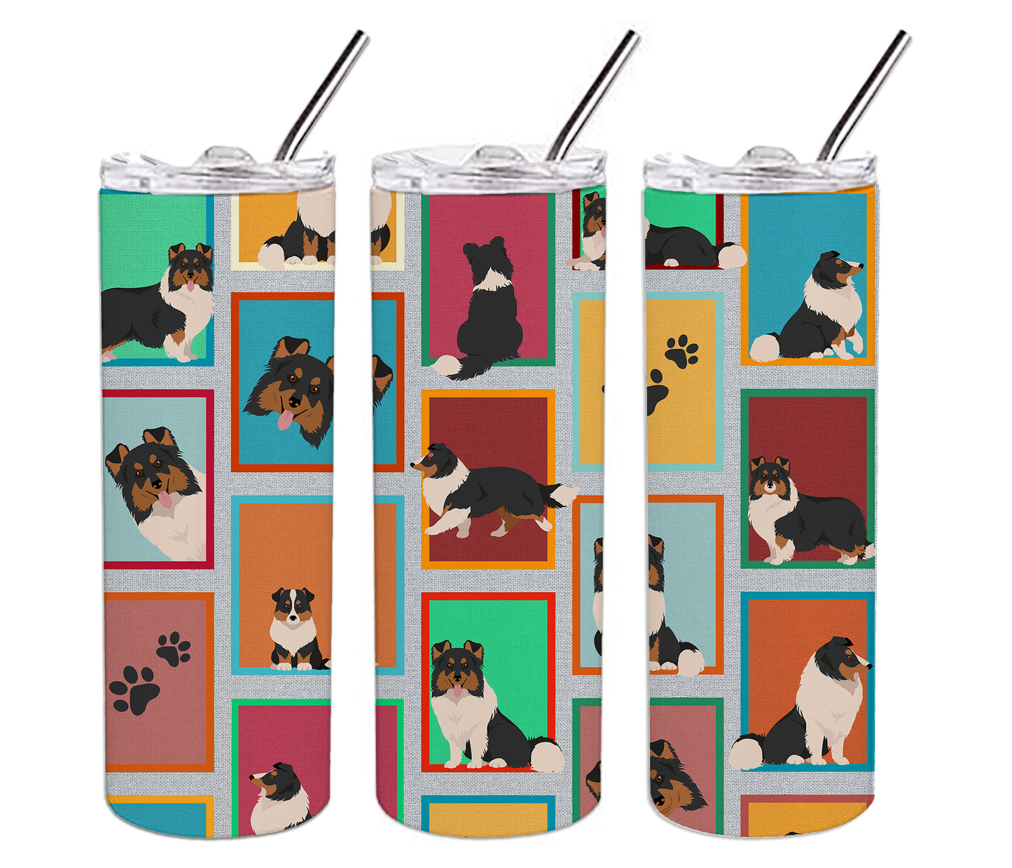 Lots of Tricolor Sheltie Stainless Steel Skinny Tumbler Vacuum Double Walled Reusable Insulated Tumbler Travel Cup for Coffee Cocktails Gift with Lid, 20 oz