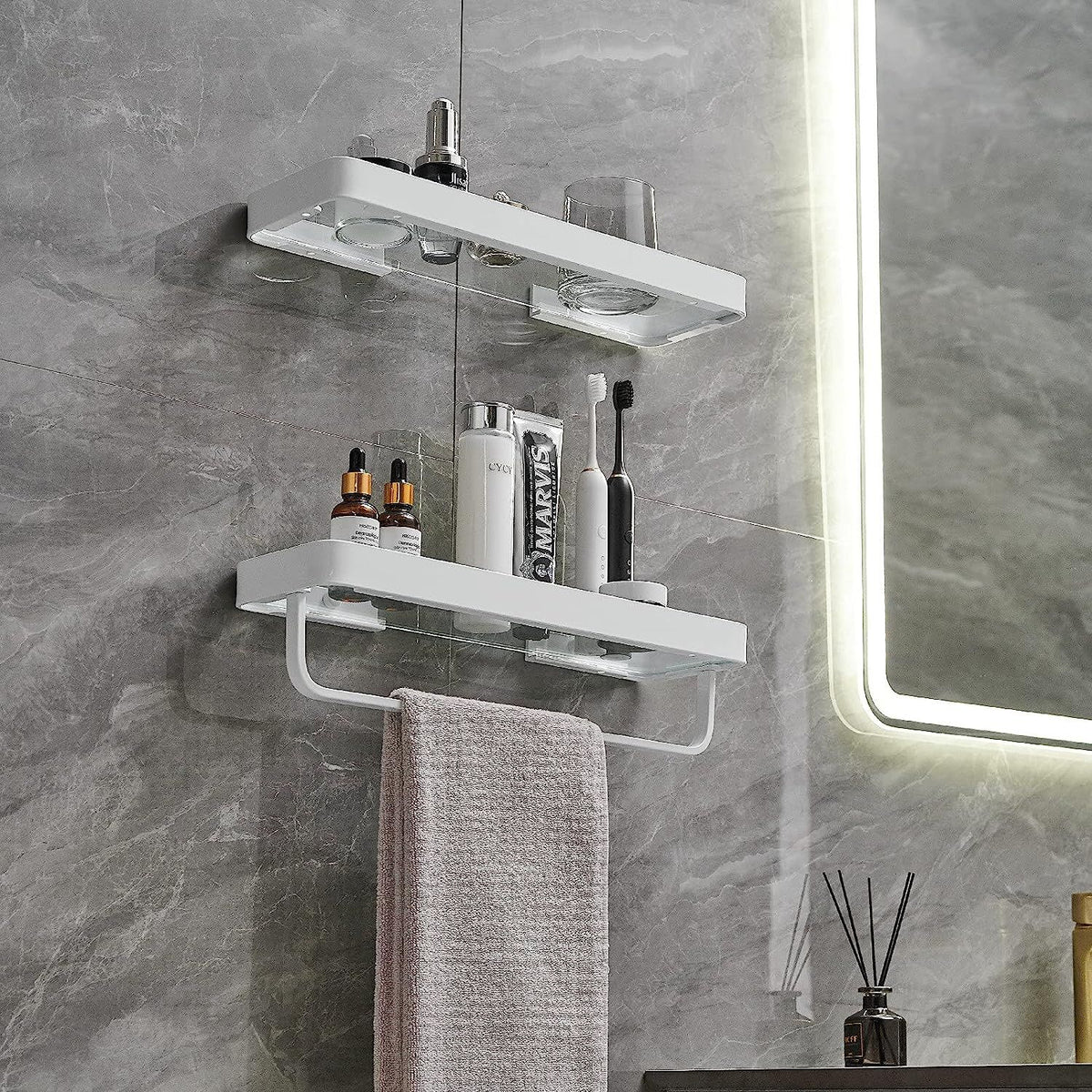 Bathroom Shelves Wall Mounted Glass Shelves for Bathroom Floating Shelf with Towel Holder Glass Shower Shelf 2 Tier Bathroom Wall Organizer