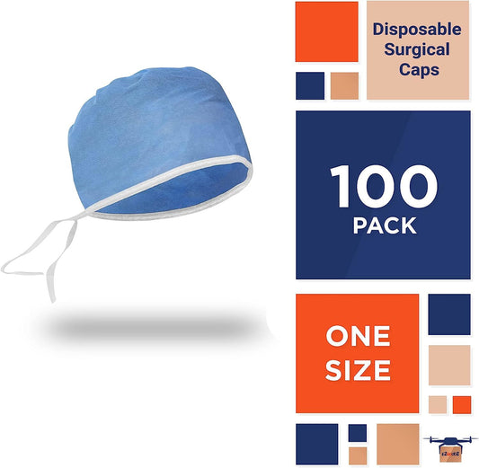 Blue Disposable Surgical Cap. Pack of 100 Disposable Hair Covers PP 30 GSM; Nurses Head Coverings for Surgical Personnel. Scrub Cap for Clinics. Surgical Hairnets with Stationary Ties.
