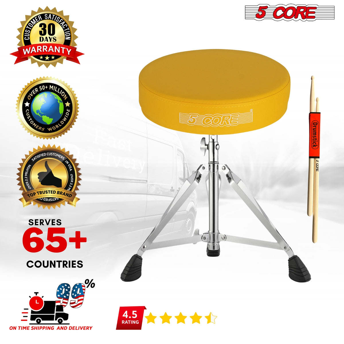 5 Core Drum Throne Comfortable Padded Stool Height Adjustable Music DJ Chair Heavy Duty Seat for Drummer Kids and Adults - DS CH YLW