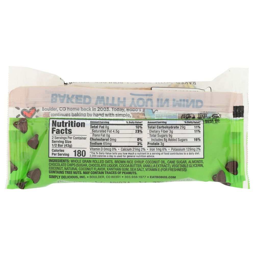 BOBOS OAT BARS: Coconut Almond Chocolate Chip Oat Bar, 3 oz