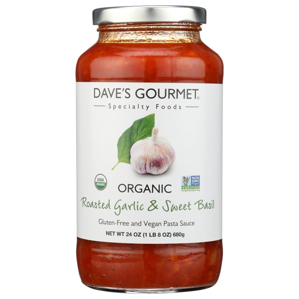 DAVES GOURMET: Organic Roasted Garlic and Sweet Basil Pasta Sauce, 24 oz