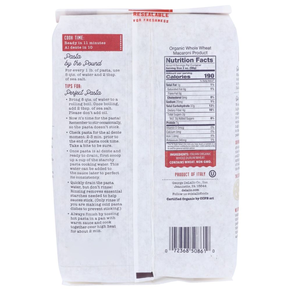 DELALLO: Organic Whole Wheat Fusilli Pasta No.27, 16 oz