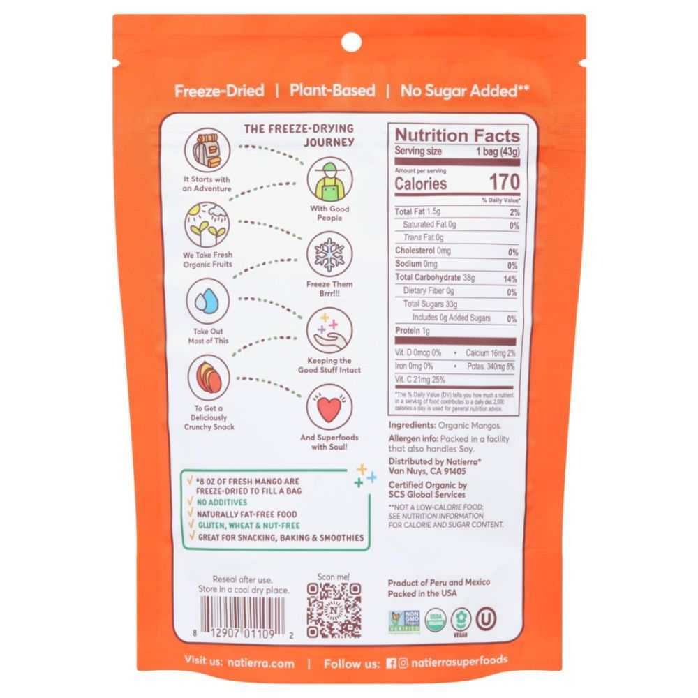 NATIERRA Freeze Dried Organic Mangos - 1.5 oz | Organic Healthy Snack