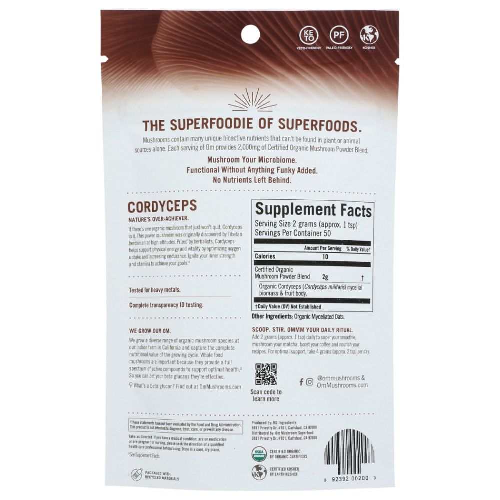OM MUSHROOMS: Cordyceps Organic Mushroom Powder, 3.5 oz