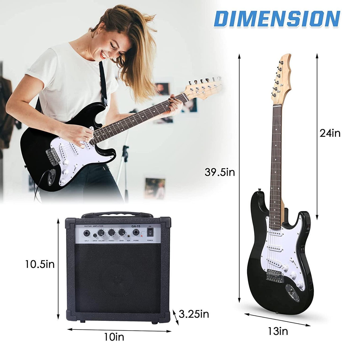 39 Inch Electric Guitar Starter Kit for Teenager and Adult;  Full-size Beginner Guitar with 10 W Amplifier;  Carrier Bag;  Tuner;  Strings;  Picks;  Cable