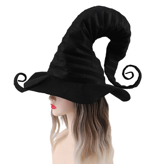Halloween Witch Hat Costume, Black Crooked Ruched Wizard Hat