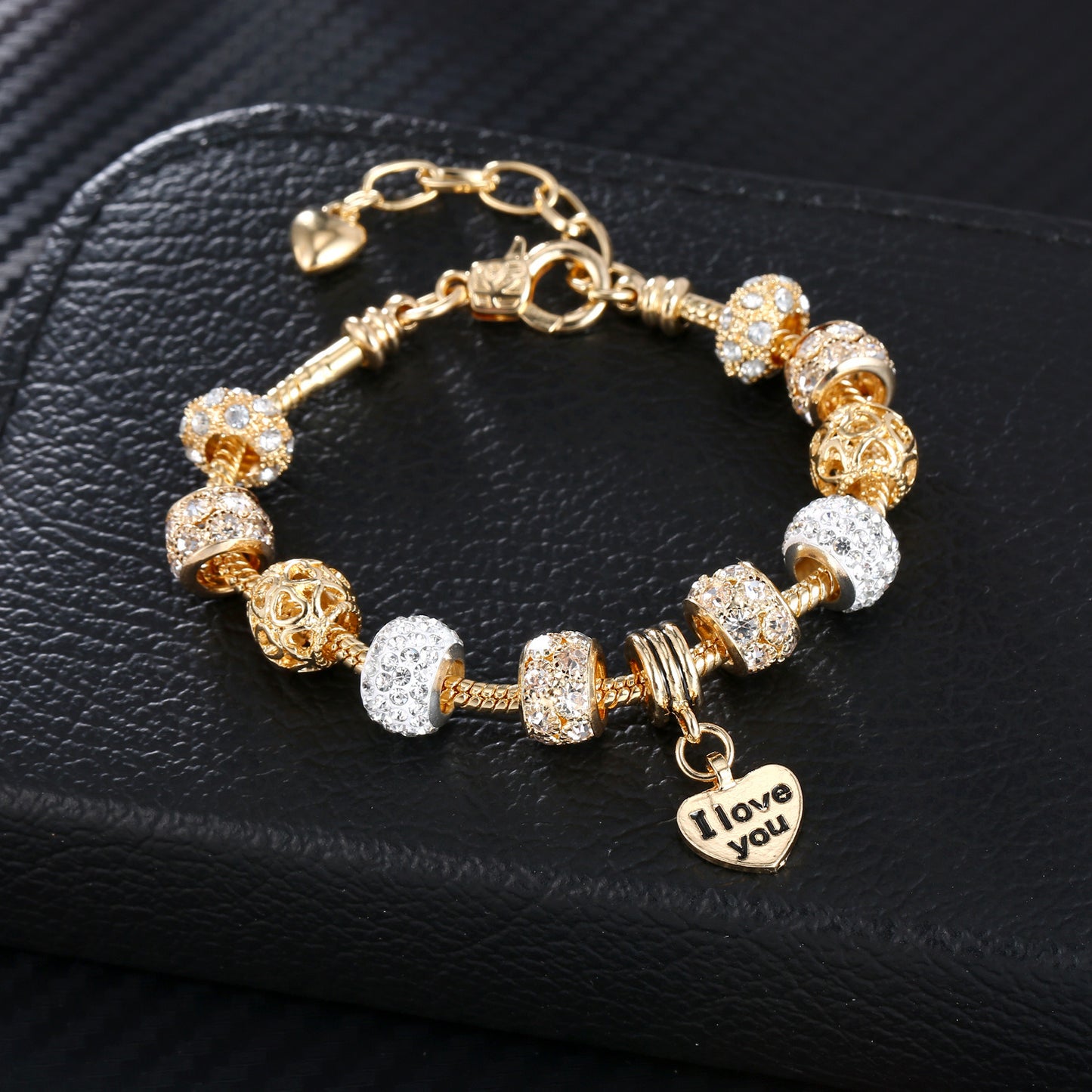 Heart Charm Bracelet with Extender Gold Plated Snake Chain Bracelets CZ Crystal Beads Charms Bracelets