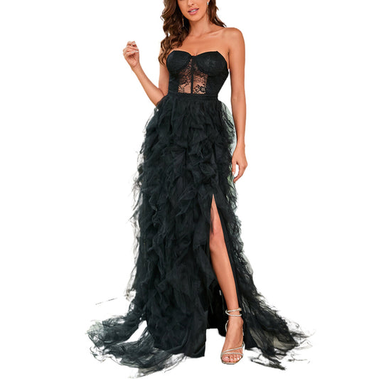 Women Evening Dress Trailing Ball Gown Plus Size S-5XL Sexy Tube Top Slit Hem Lace Tulle Dress Slim Fit Classic Black Red Spring Summer Autumn
