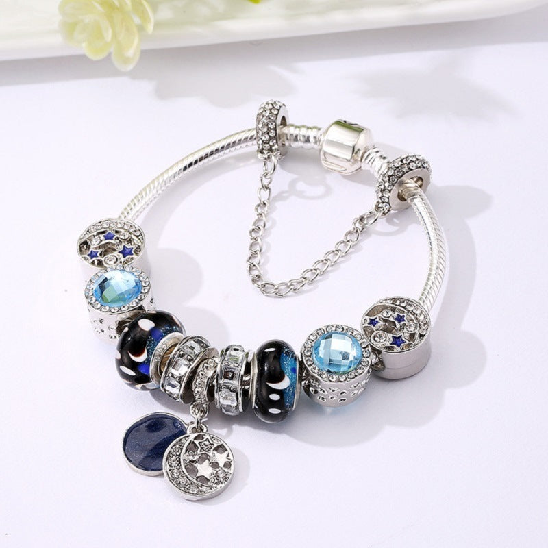 Charm Bracelet Silver-Tone Glass Crystal Beads Star Charm Blue Black Half Moon Dangling Charm