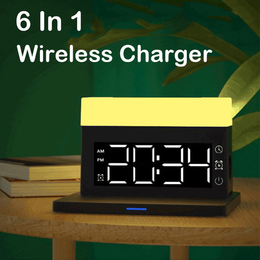 6 In 1 15W Wireless Charger for IPhone 14 13 Xiaomi AirPods IWatch Charger Station Bedside Alarm Clock Desk Lamp Charging