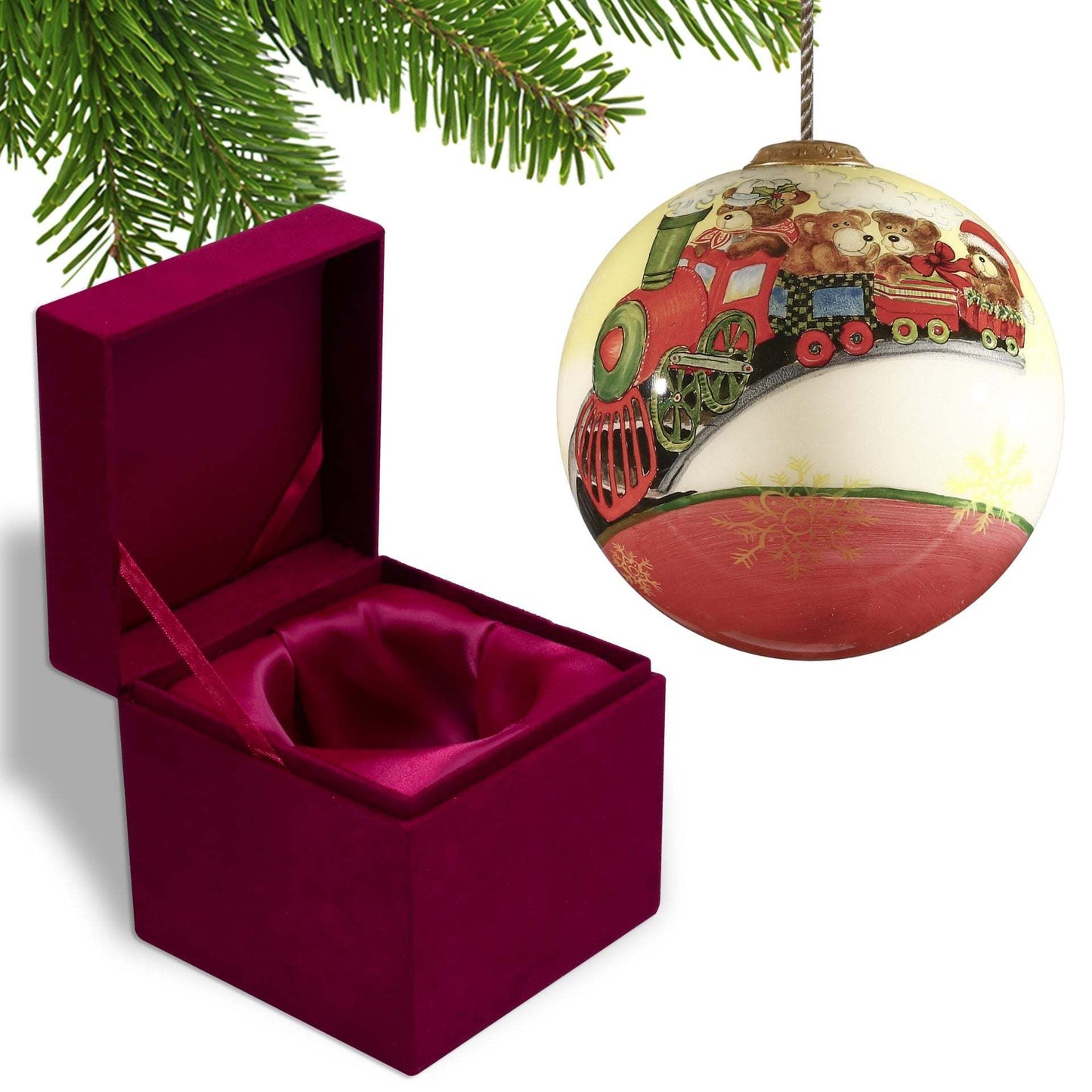 Baby First Christmas Teddy Bear Train Hand Painted Glass Hanging Ornament