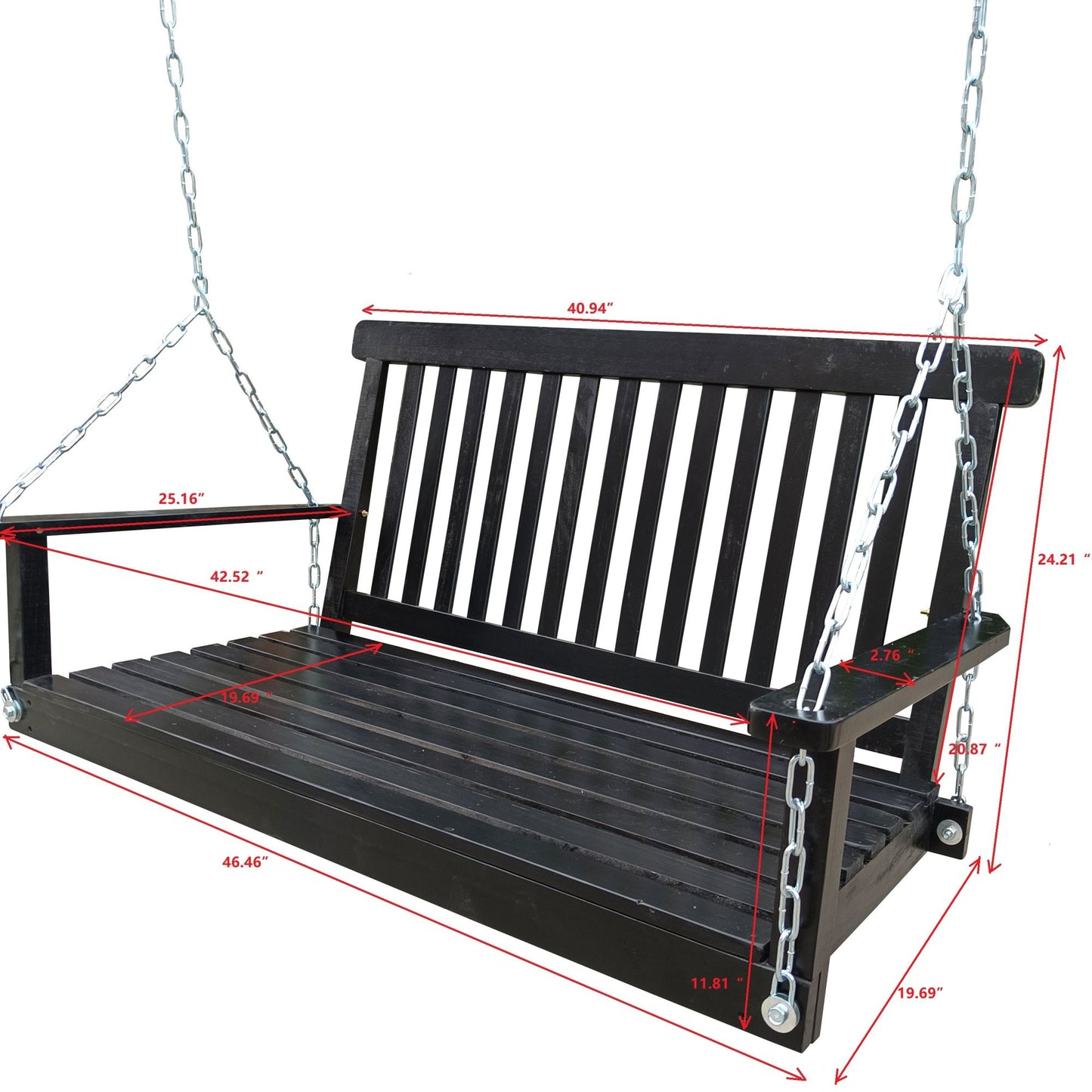Front Porch Swing with Armrests; Wood Bench Swing with Hanging Chains; for Outdoor Patio ; Garden Yard; porch; backyard; or sunroom; Easy to Assemble; black