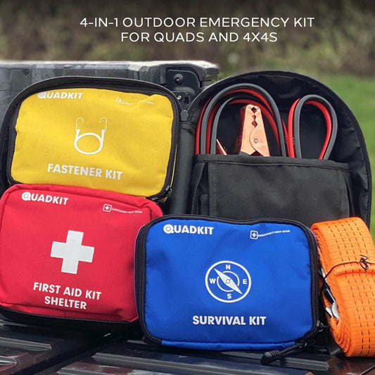 QUADKIT ATV Emergency Kit (106 Essential Items) for ATV; UTV; SxS; 4 Wheelers; Quads; Side by Sides; 4x4s; Off-Road | 4-in-1 Kit: Auto Kit; First Aid Kit; Survival Kit; Fastener Kit