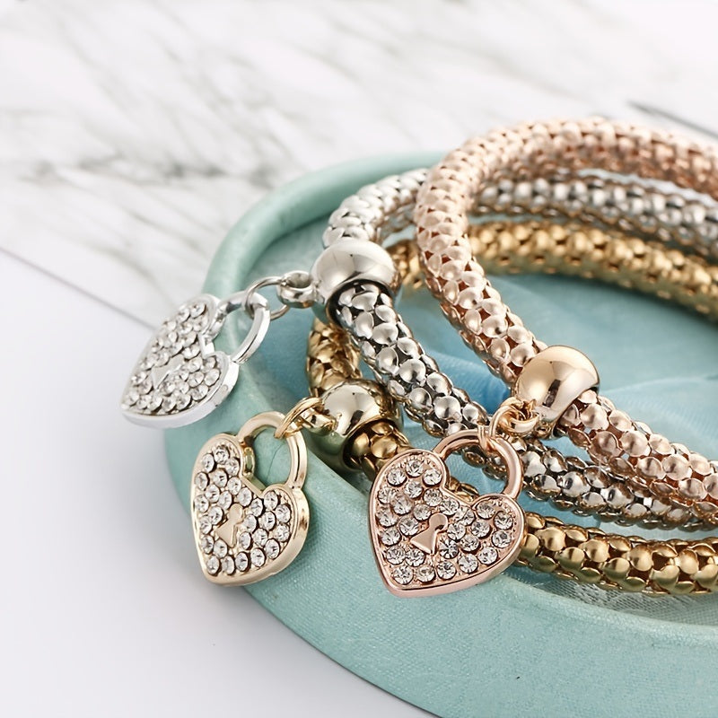 Fashion Jewelry Rhinestone Heart Three Combination Tricolor Bracelet Valentine's Day Gift