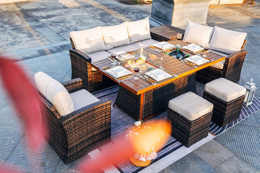 7 PCS Patio Conversational Sofa Set With 1 Gas Firepit And Ice Container Rectangle Dining Table. 1 Storage Box And 2 Ottomans