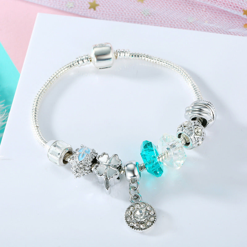 Silver Charm Bracelets Bangles Blue Crystal / Glass Beads Summer Style Women Bracelets