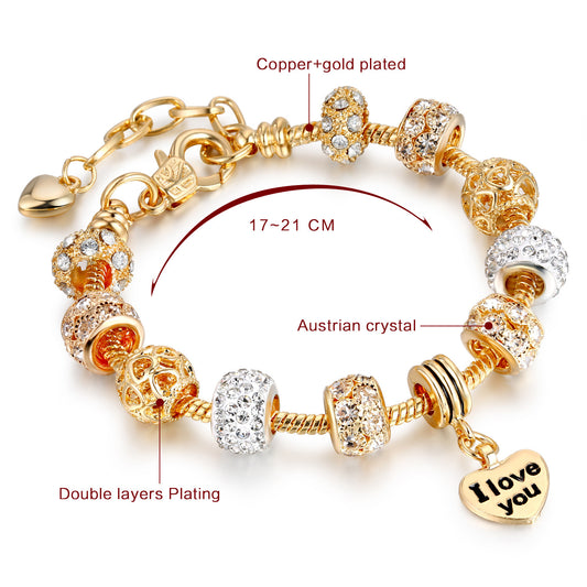 Heart Charm Bracelet with Extender Gold Plated Snake Chain Bracelets CZ Crystal Beads Charms Bracelets