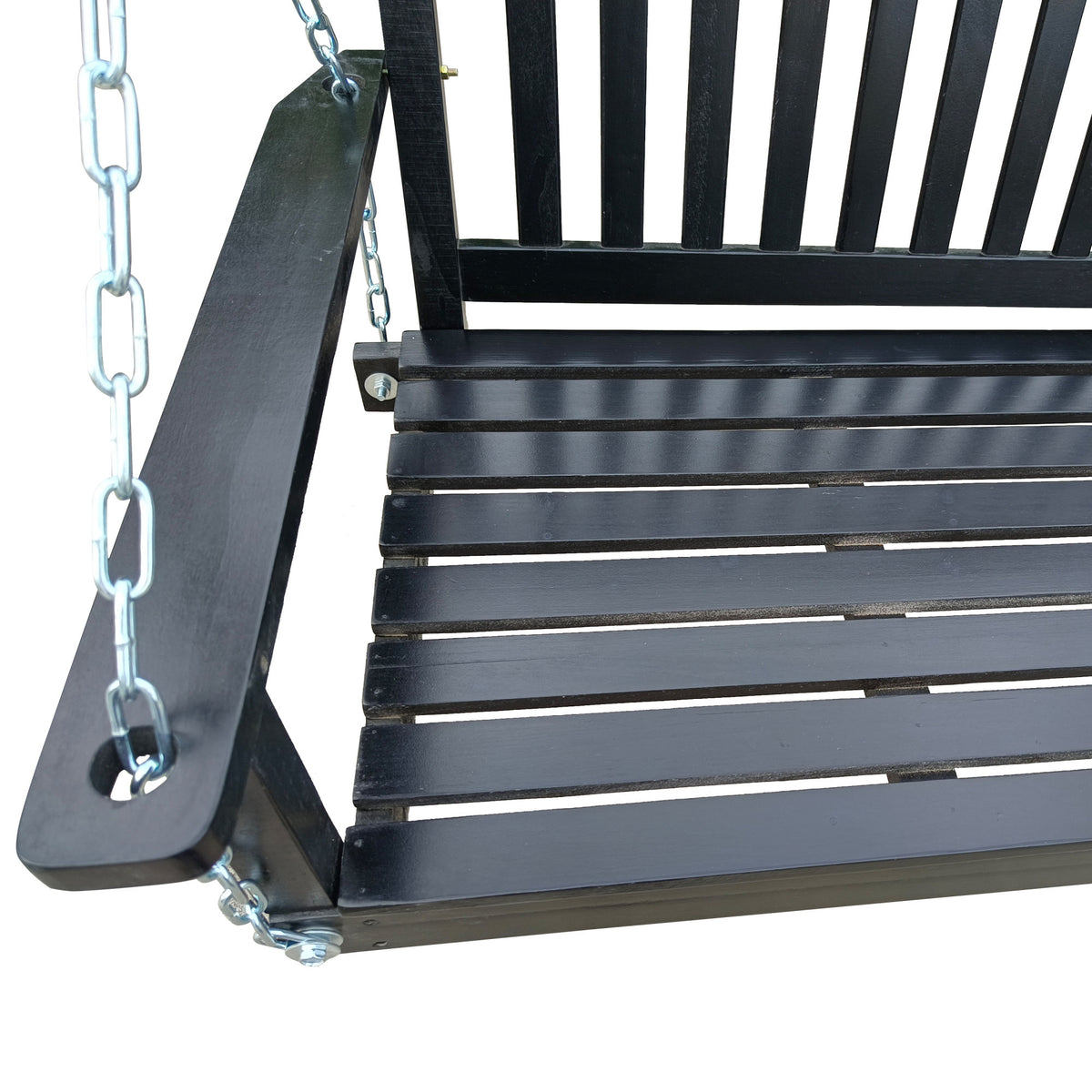 Front Porch Swing with Armrests; Wood Bench Swing with Hanging Chains; for Outdoor Patio ; Garden Yard; porch; backyard; or sunroom; Easy to Assemble; black