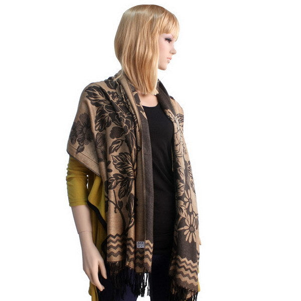 Blancho Bedding -Pa-616-5 Khaki Base Peony Flowers Patterns Exquisitely Soft Woven Pashmina/Shawl/Scarf