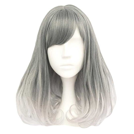 Fading Steel Gray 35 cm 2Tone Cosplay Full Wig Long Curly Hair Wig Rinka Haircut Halloween Dress Up