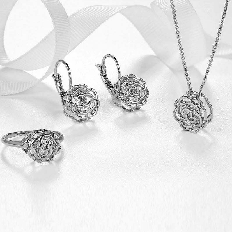 Rose Is A Rose Set Of Ring; Earrings and Pendant With Chain In 18kt Rose Crystals In White Yellow And Rose Gold Plating