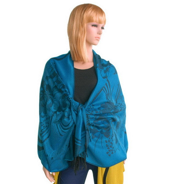 Blancho Bedding -Pa-615-1 Blue BaseFlower Patterns Elegant super Soft Woven Tassel Ends Pashmina/Shawl/Scarve