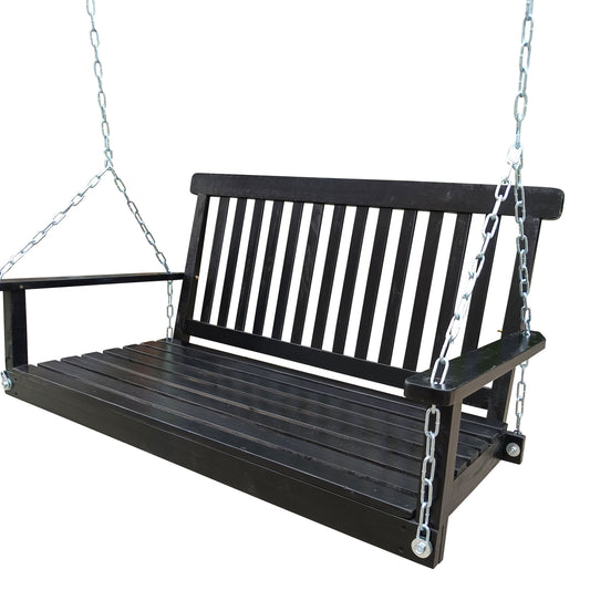 Front Porch Swing with Armrests; Wood Bench Swing with Hanging Chains; for Outdoor Patio ; Garden Yard; porch; backyard; or sunroom; Easy to Assemble; black