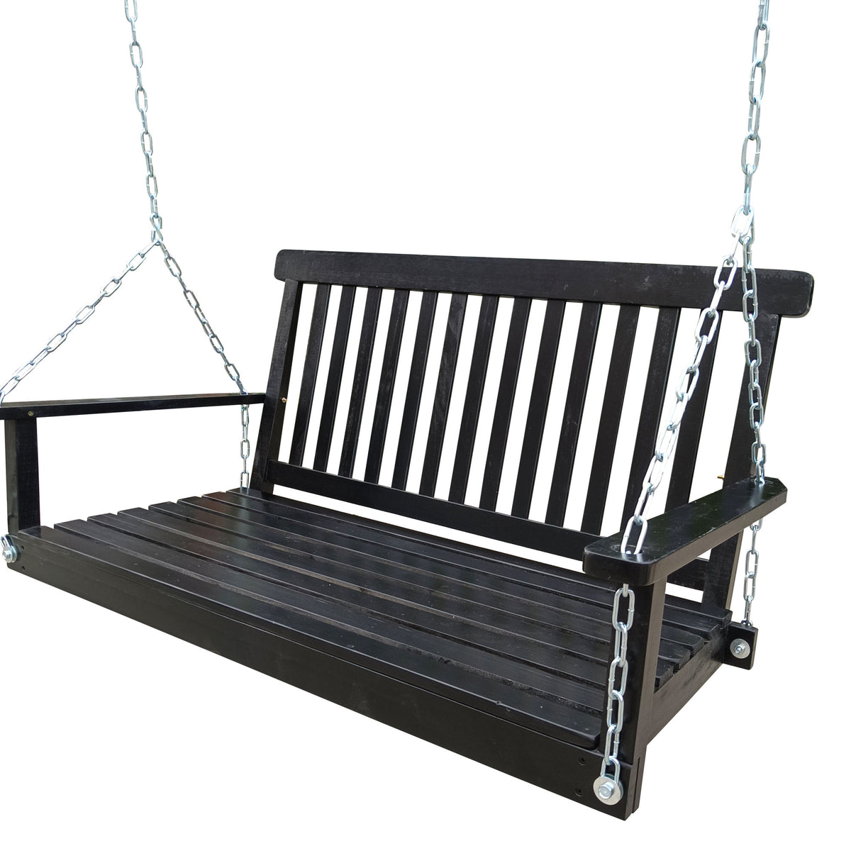 Front Porch Swing with Armrests; Wood Bench Swing with Hanging Chains; for Outdoor Patio ; Garden Yard; porch; backyard; or sunroom; Easy to Assemble; black
