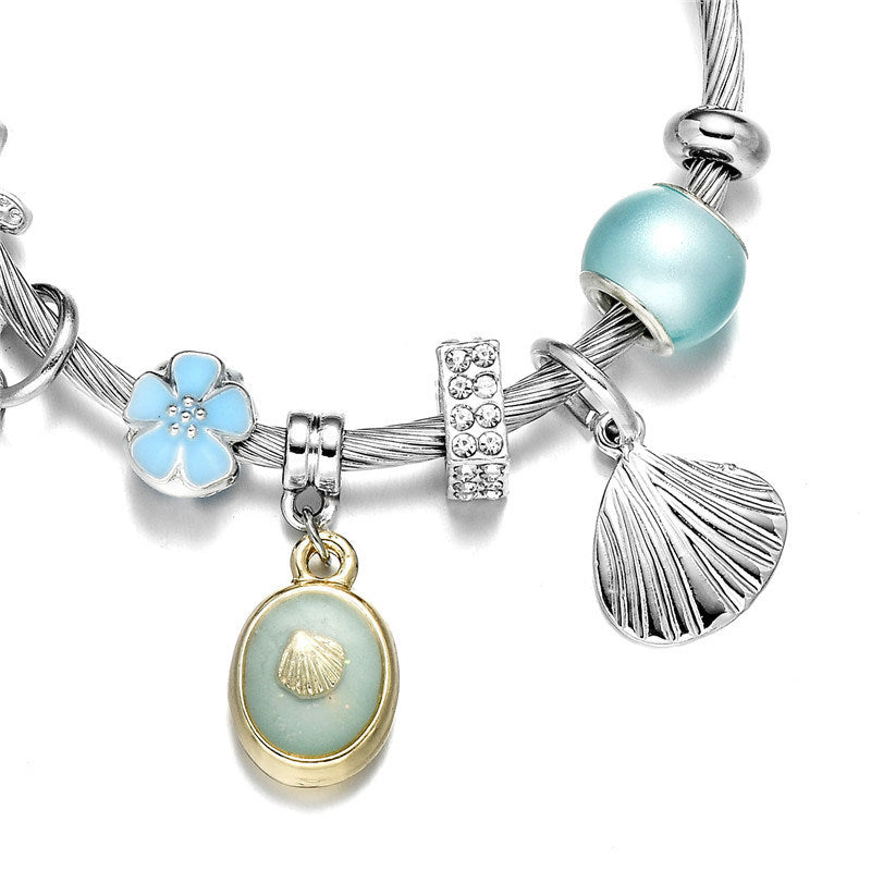 Bangle Bracelet Sea Shell Charm Wrap Silver Fashion Jewelry Stainless Steel Bracelet for Women