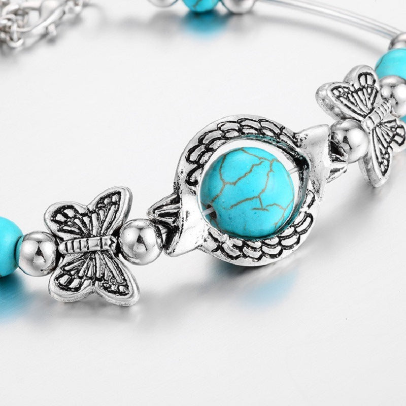 Bohemian Bracelet Turquoise Cracked Resin Ball with Unique Butterfly Carving Beach Jewelry